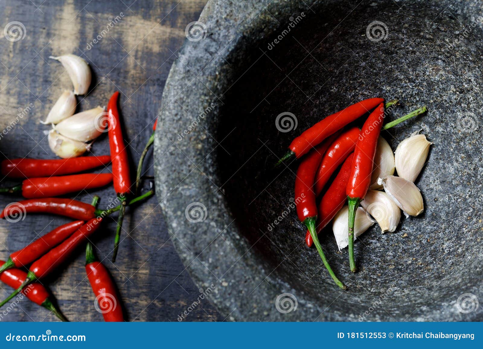 Red Chilli And Raw Garlic In Stone Mortar Basic Ingredients For Thai Stir Fried Basil Recipe Stock Image Image Of Ingredients Detail 181512553