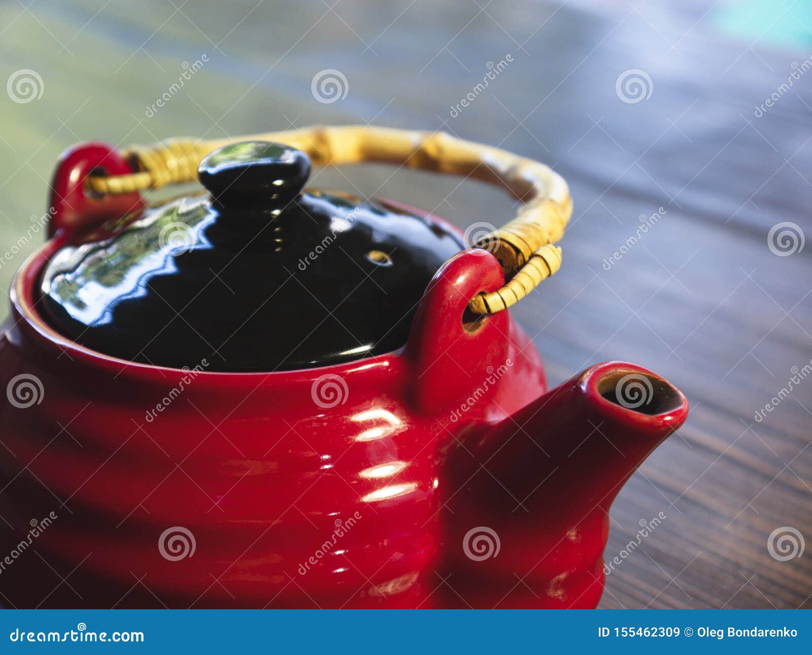 The Red Chinese Teapot on a Wooden Table, Closeup Stock Image Image