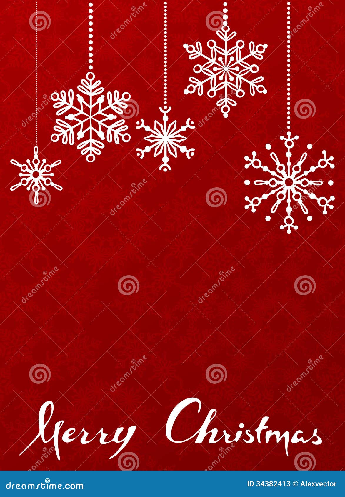 red christmas background with hanging snowflakes.