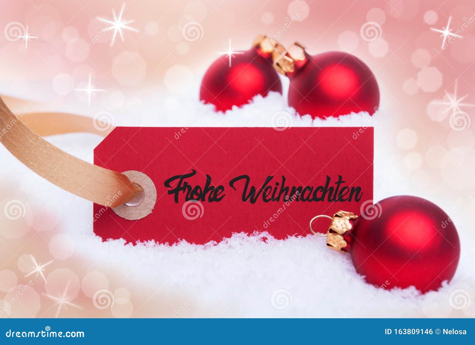 Red Christmas Ball Snow Label Frohe Weihnachten Mean Merry Christmas Bokeh Stock Photo Image Of Greeting Light 163809146