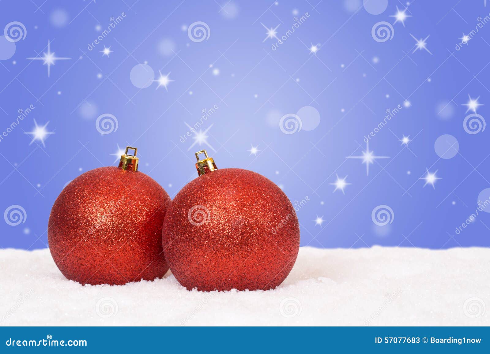 Red Christmas Balls Decoration with Snow and Snowflakes Stock Image