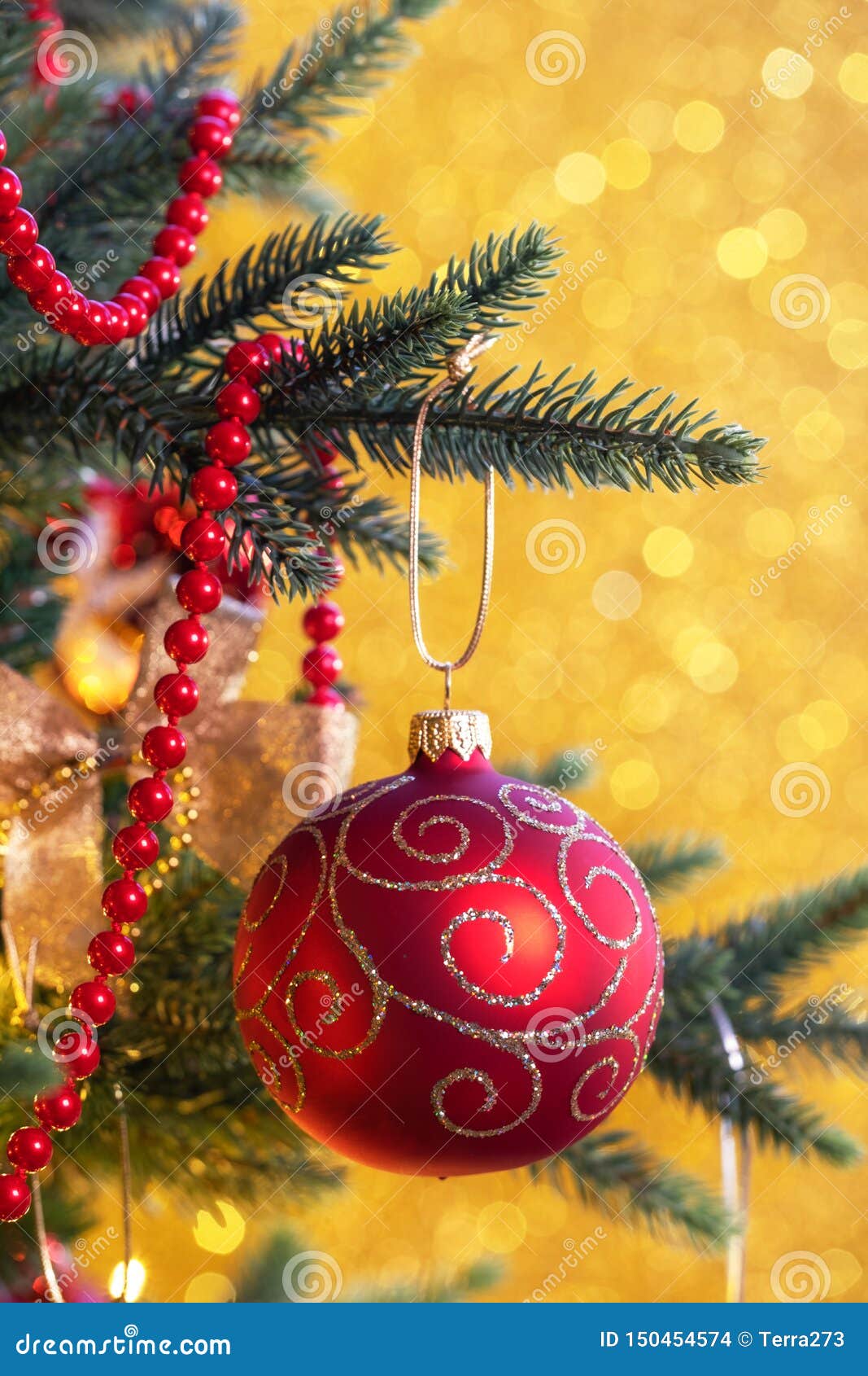 Red Christmas Balls On A Gold Background With Bokeh Stock Photo - Image ...