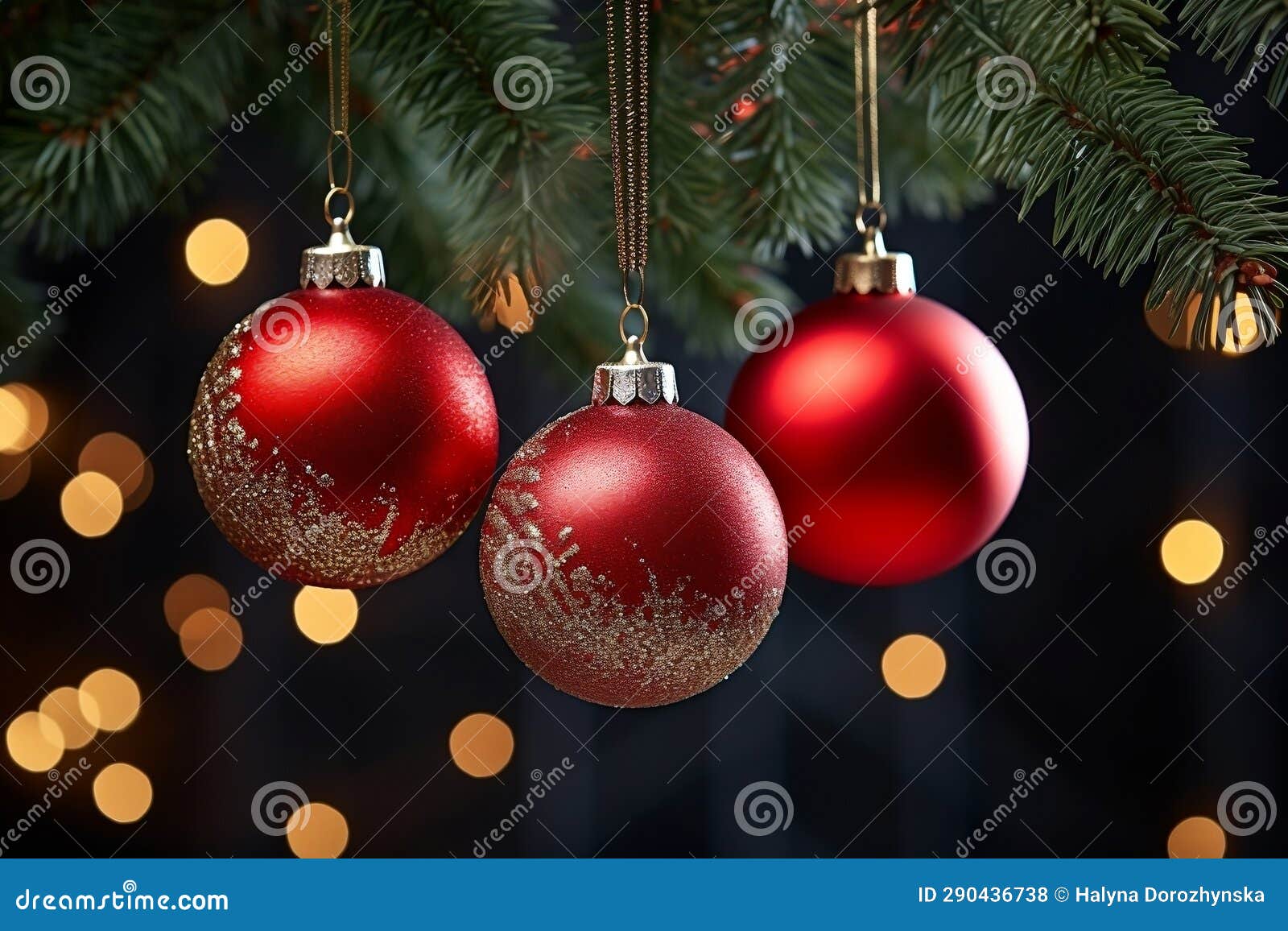 Red Christmas Balls on a Christmas Tree Branch. Christmas Background