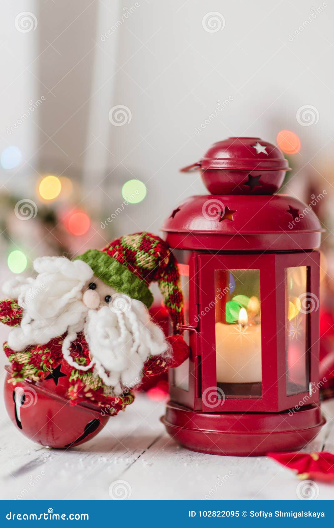 Red Christmas Lantern on White Background with Fir Branches and Lights ...