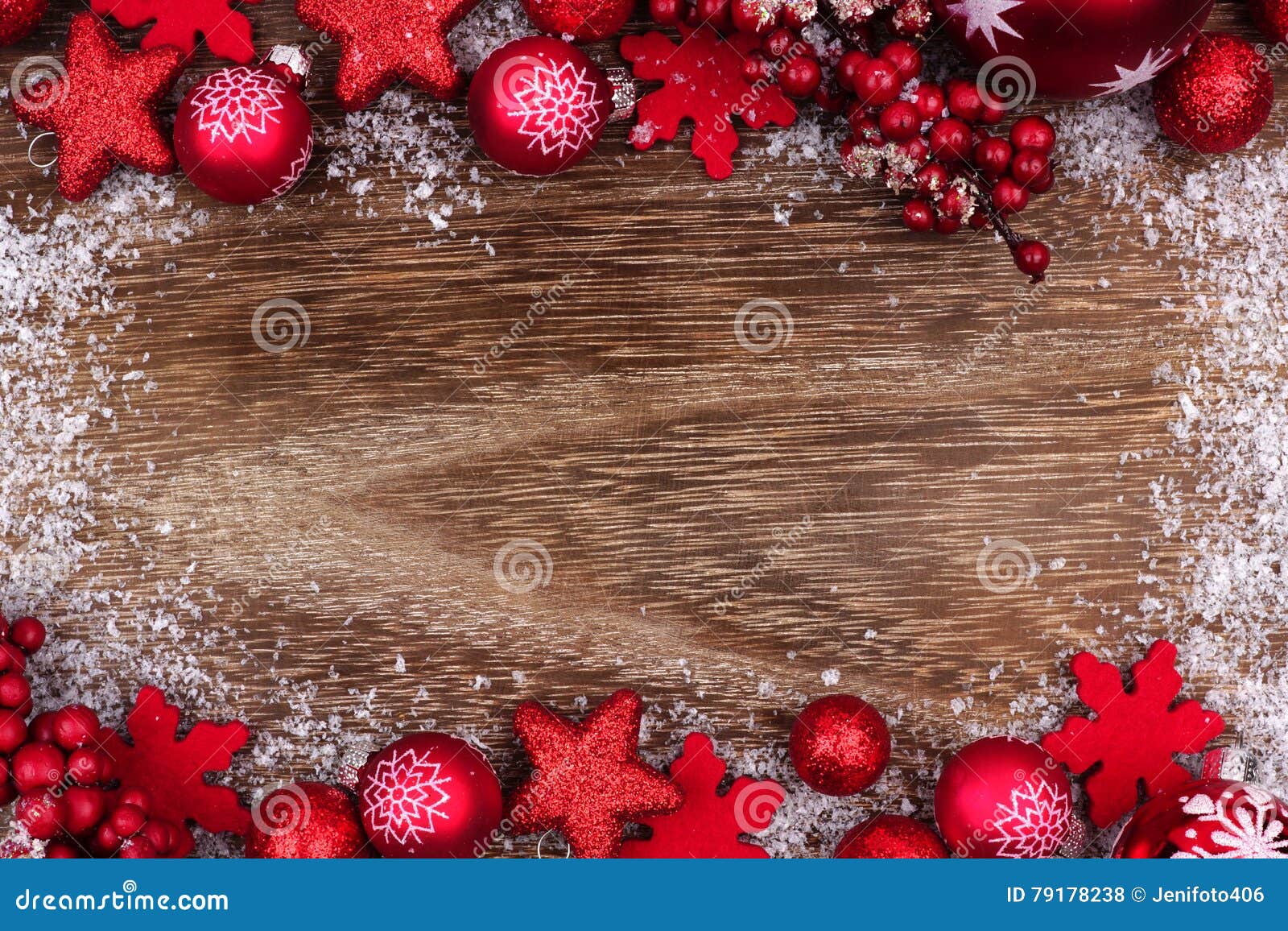 Red Christmas Ornament Double Border with Snow on Rustic Wood Stock ...