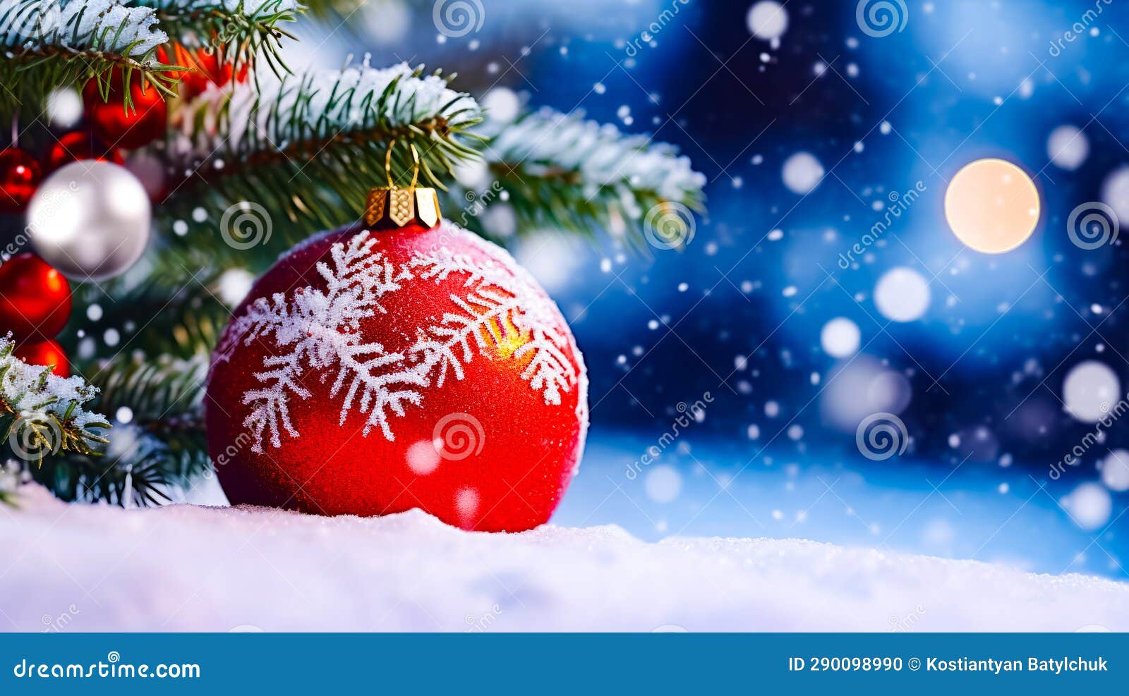 Red Christmas Ornament Hanging from Pine Tree in the Snow. Generative AI Stock Photo Image of