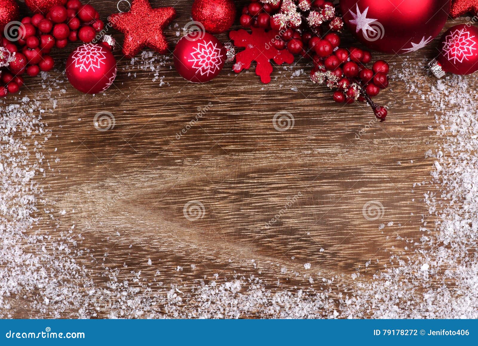 Red Christmas Ornament Top Border with Snow Frame on Wood Stock Photo ...