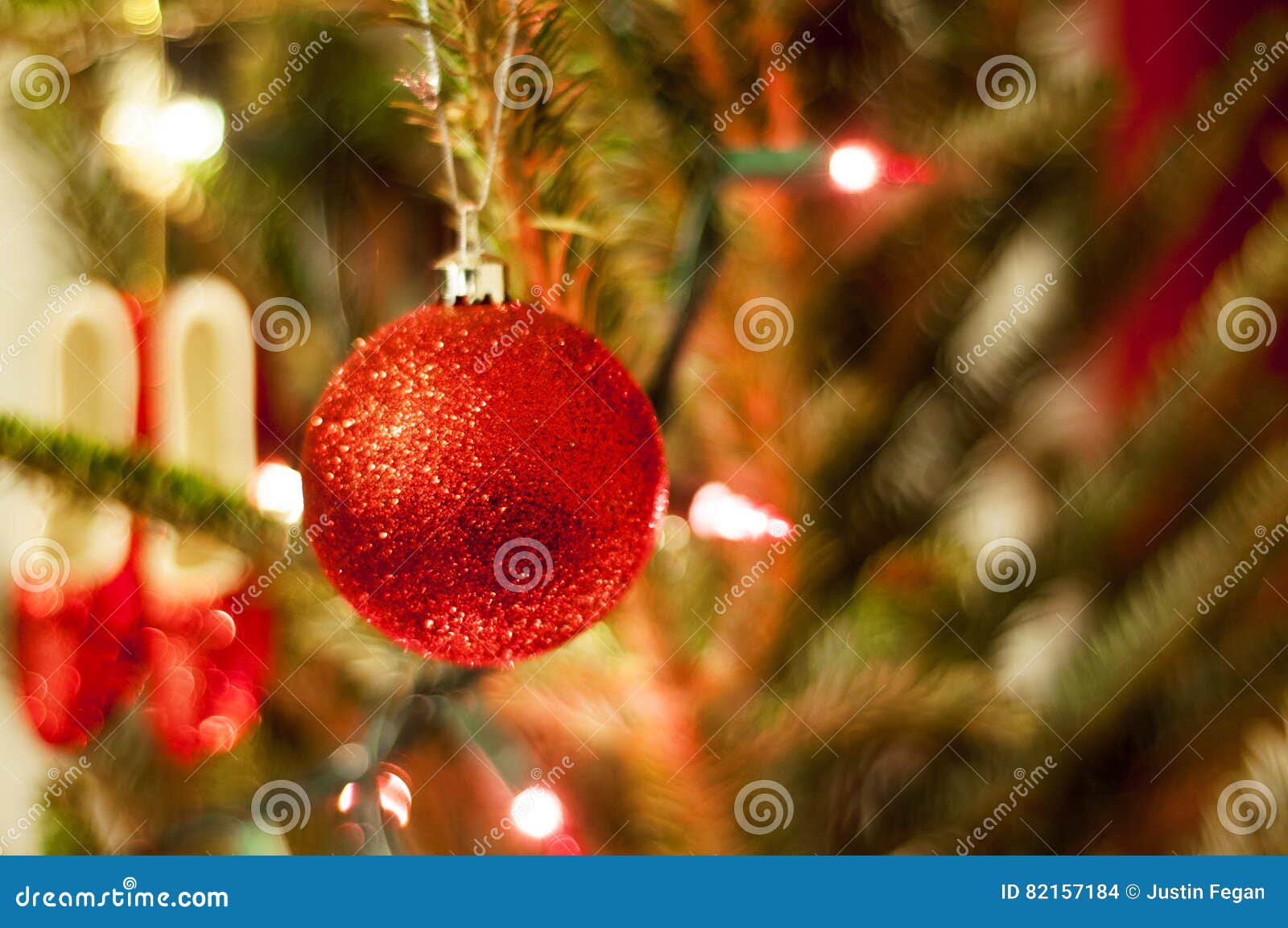 Red Christmas Ornaments with Red and White Lights Stock Photo - Image ...