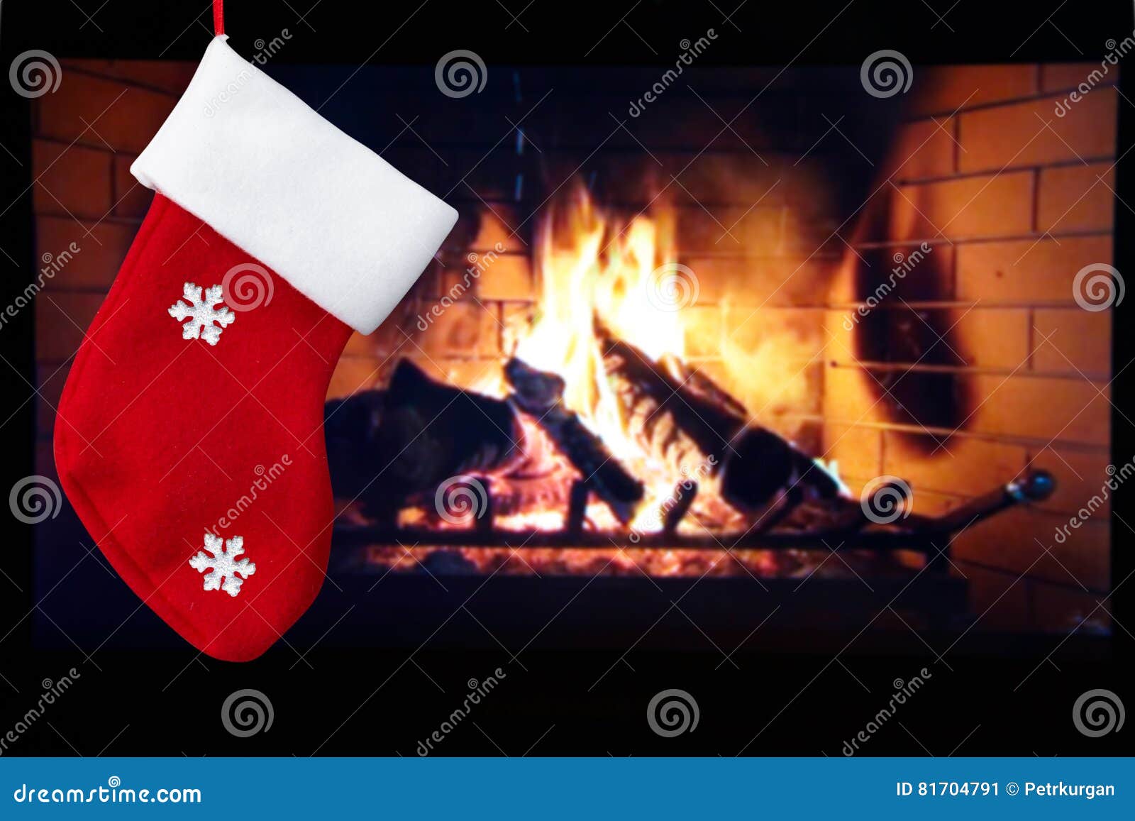 Red Christmas Sock and Fireplace in the Room Stock Image Image of