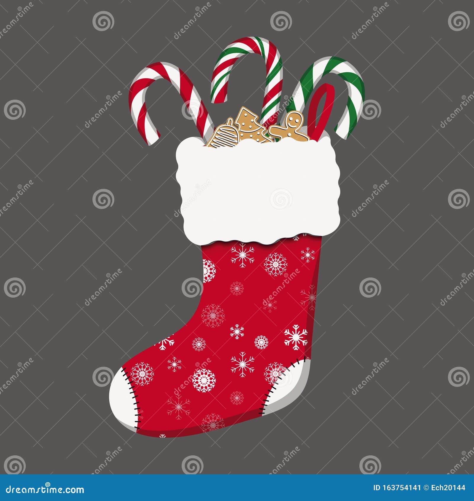 Red Christmas Stocking With Candy Canes And Gingerbread On Grey