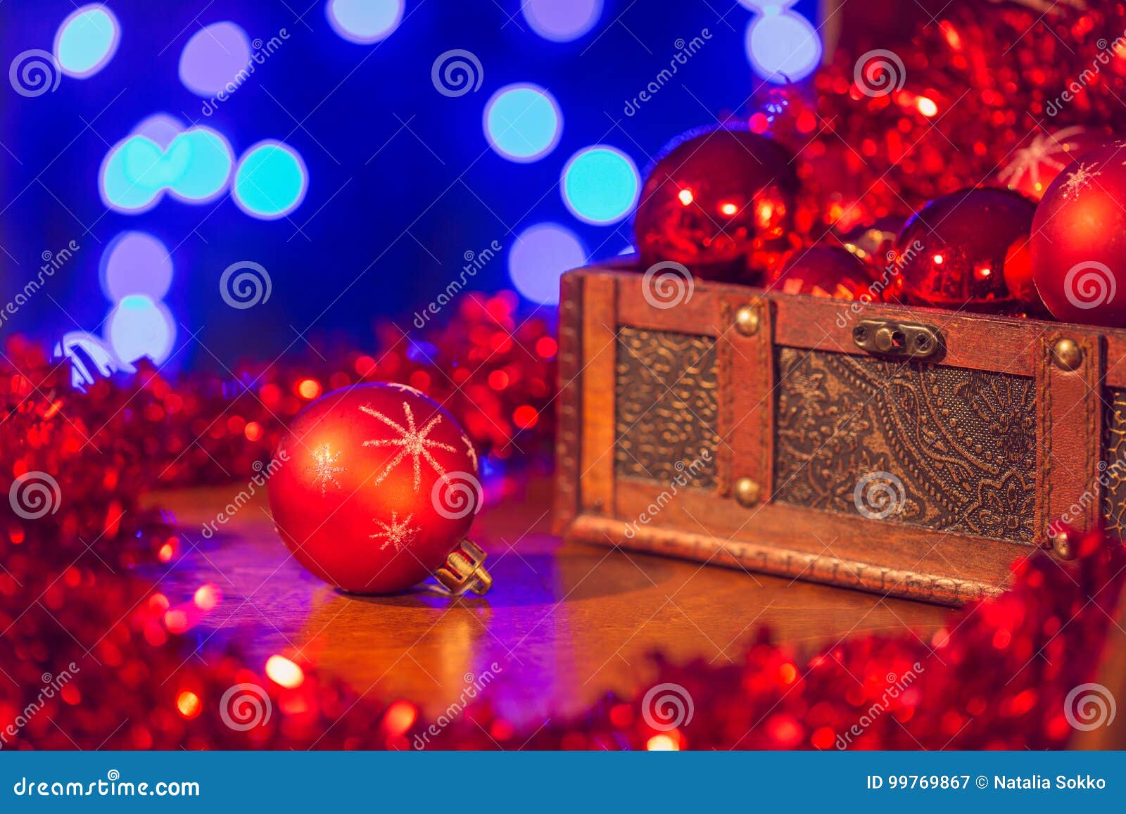 Red Christmas Tree Decorations and Blue Background Stock Image Image