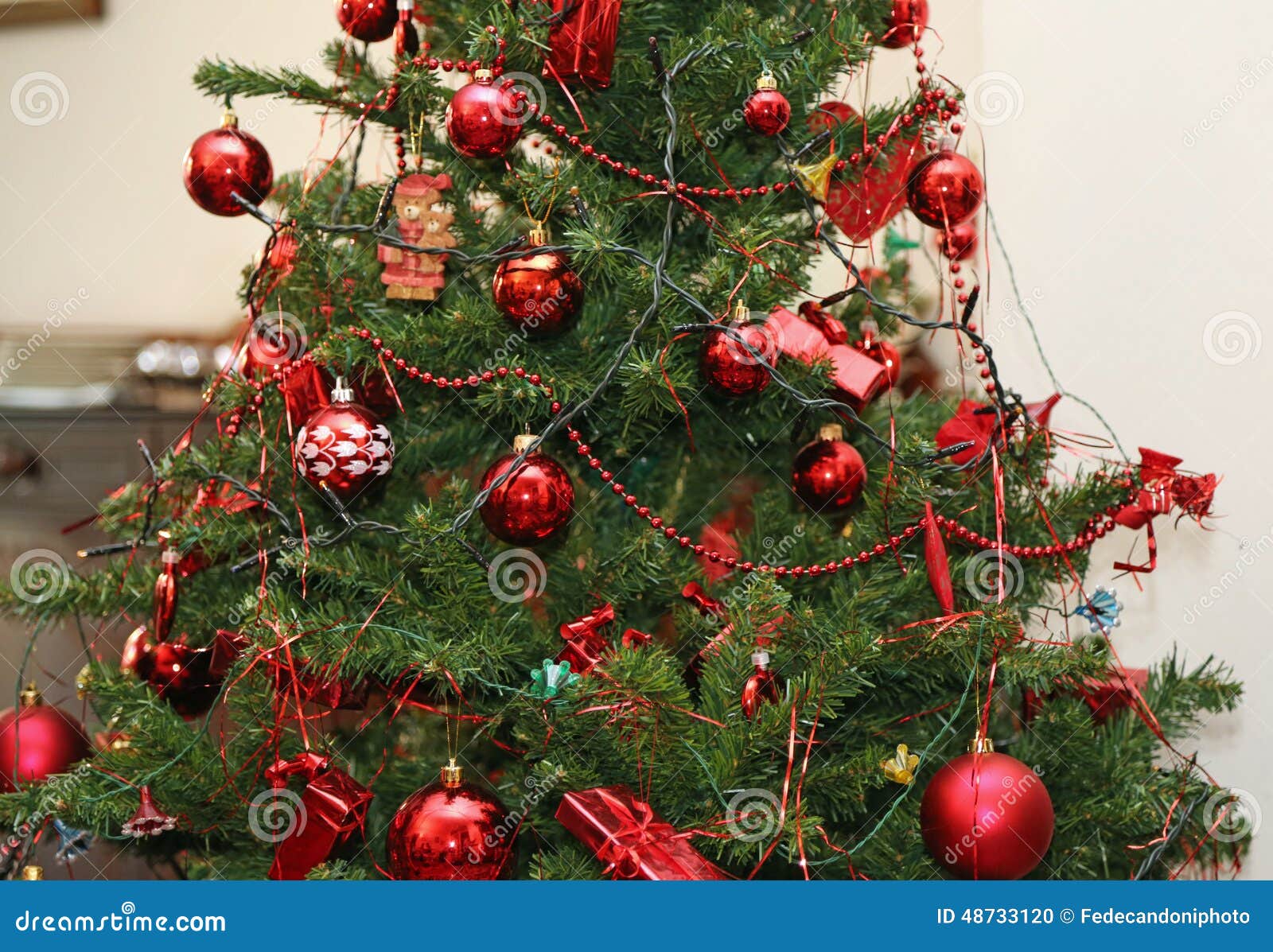 Red Christmas Tree Decorations and Glittering Balls Stock Photo Image