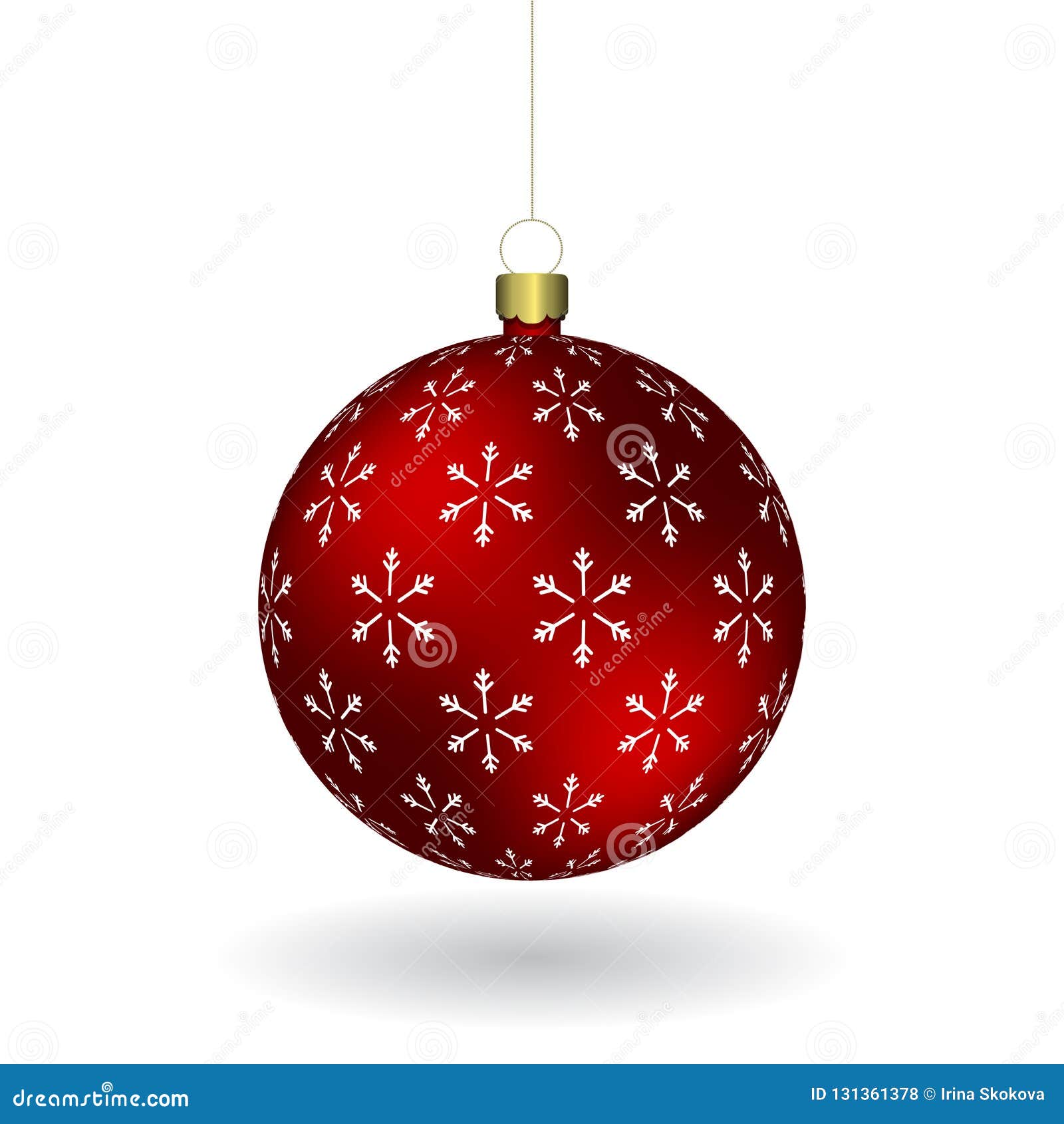 red christmass ball with snowflakes print hanging on a golden chain