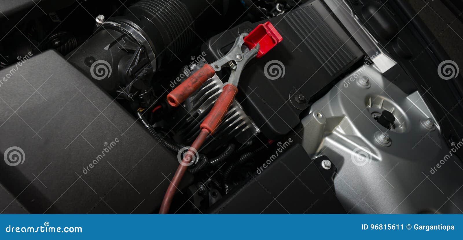 Red clamp on car battery stock image. Image of equipment 96815611