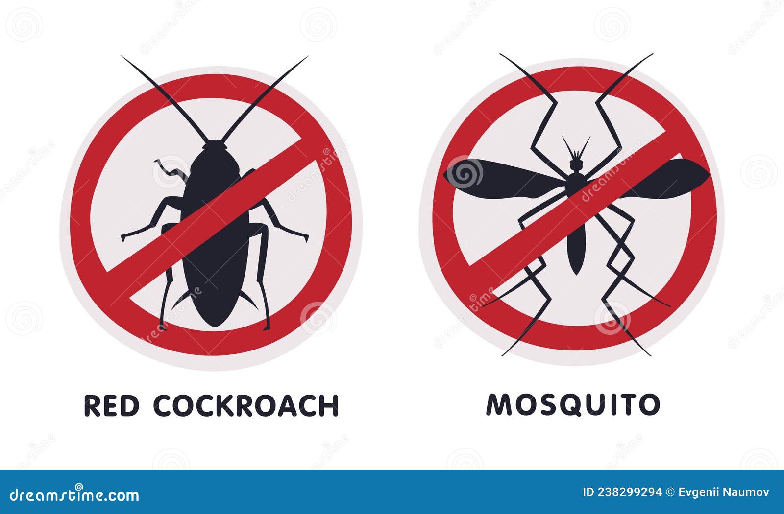 red cockroach and mosquito warning or prohibition sign with cross line  set