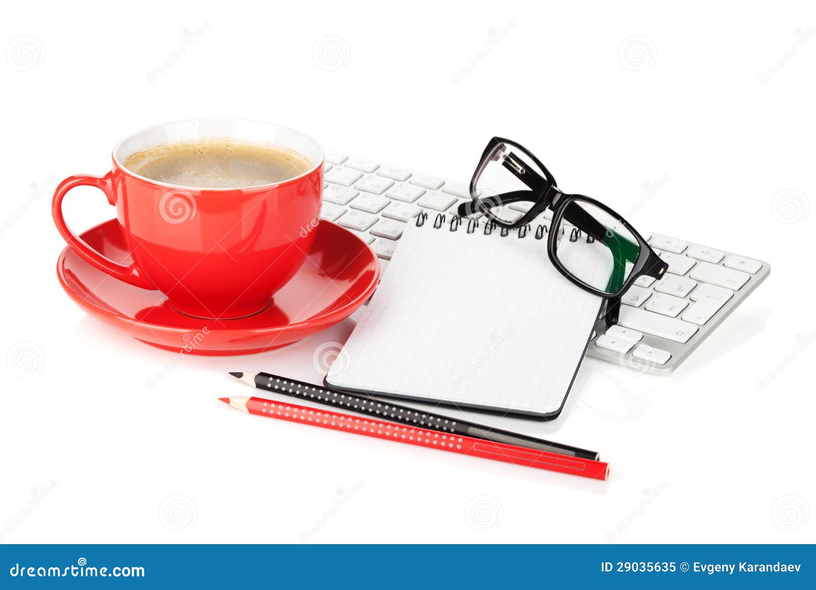 Red Coffee Cup, Glasses and Office Supplies Stock Image Image of