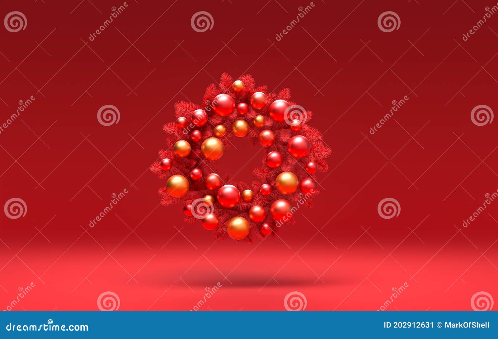 red color door hanging, christmas wreath in single red color background, 3d rendering,christmas decoration