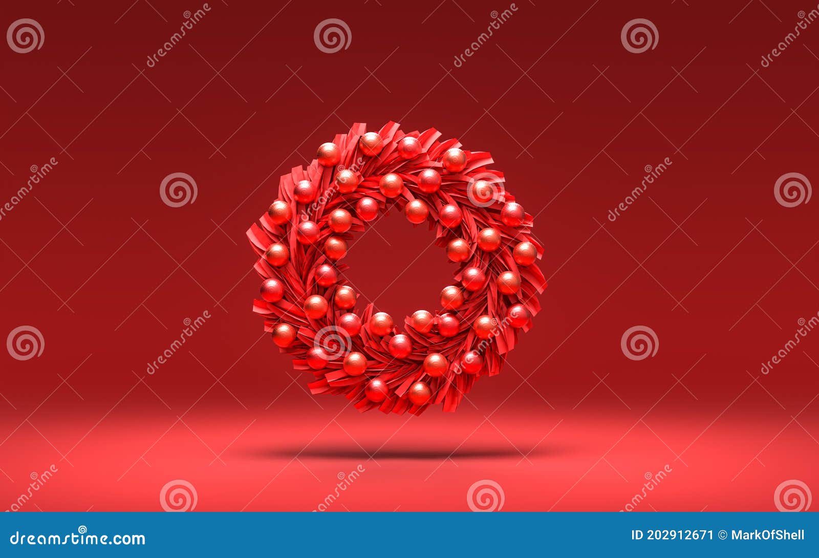 red color door hanging, christmas wreath in single red color background, 3d rendering,christmas decoration