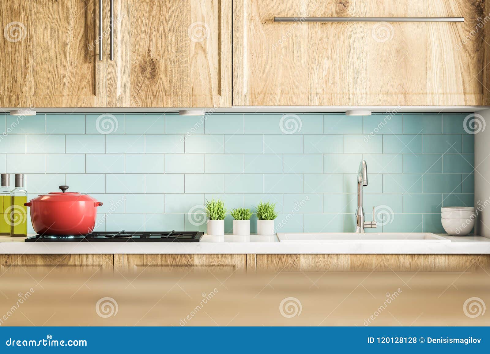 Red Cooking Pot Blue And Wooden Kitchen Countertop Stock