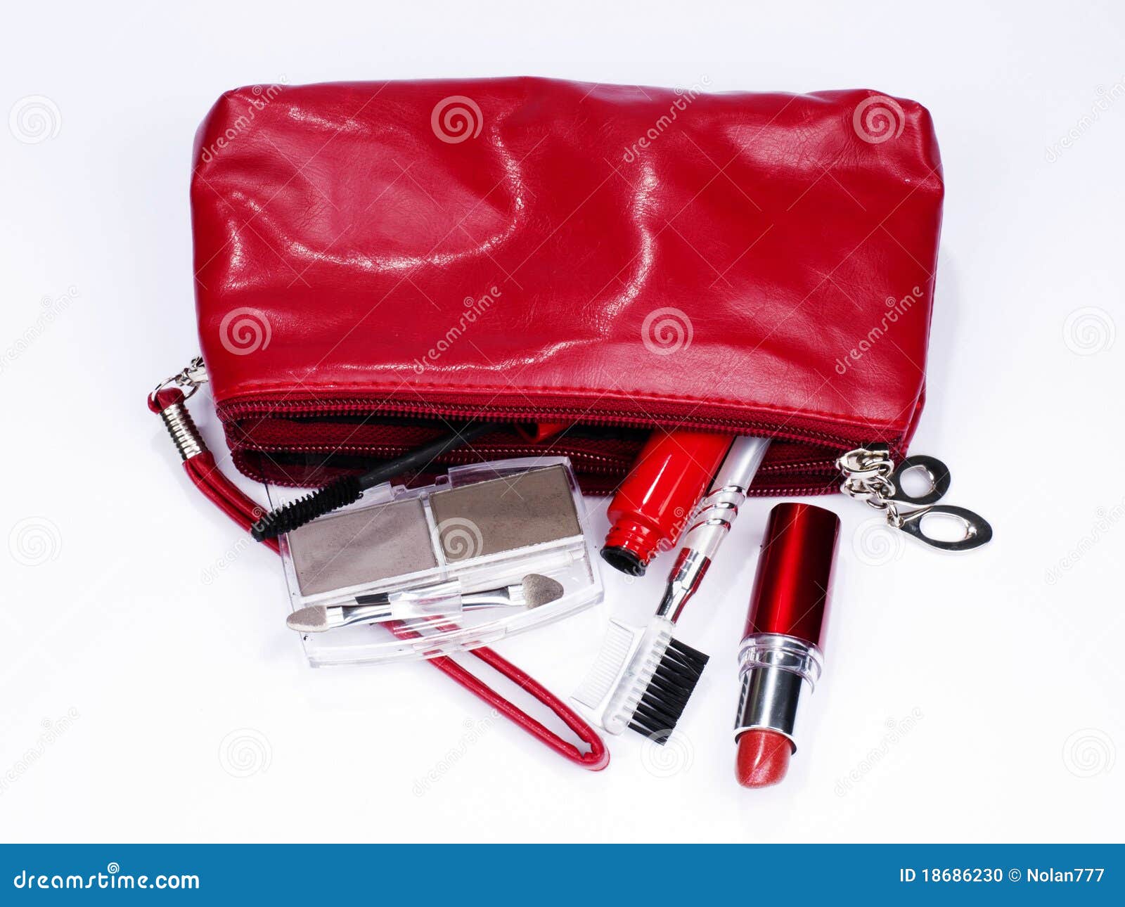 Red Cosmetic Bag Full of Items Stock Photo Image of tube, brush 18686230