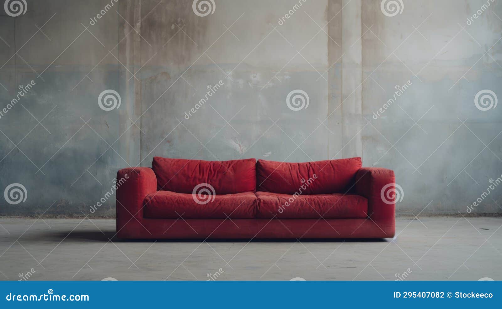 red couch in distressed environment editorial style photograph