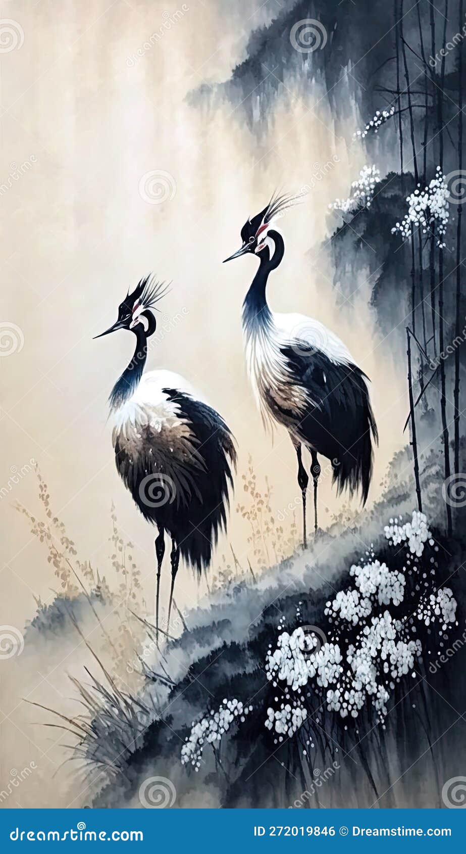 Red Crowned Cranes with Flowers in Mist, Chinese Ink Painting Style, AI ...