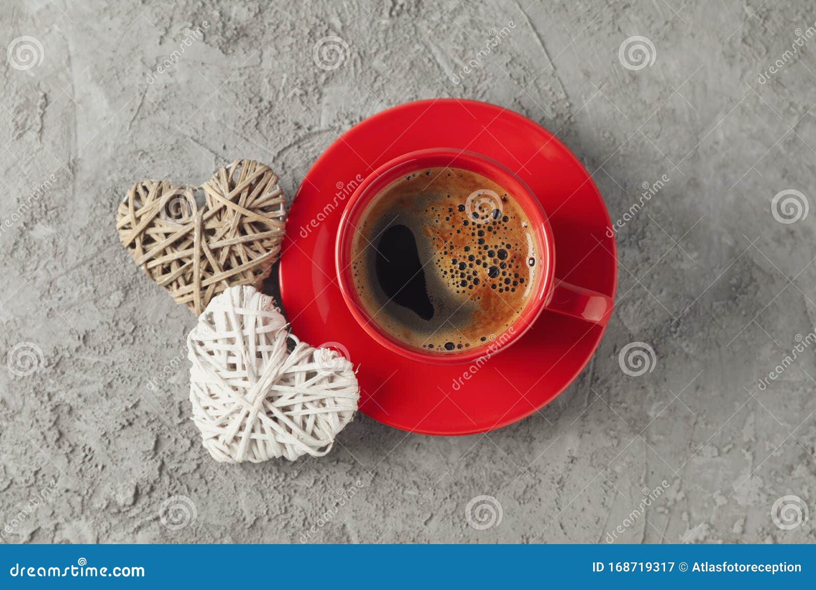 Red Cup Of Coffee And Hearts On Grey Background Stock Image Image of