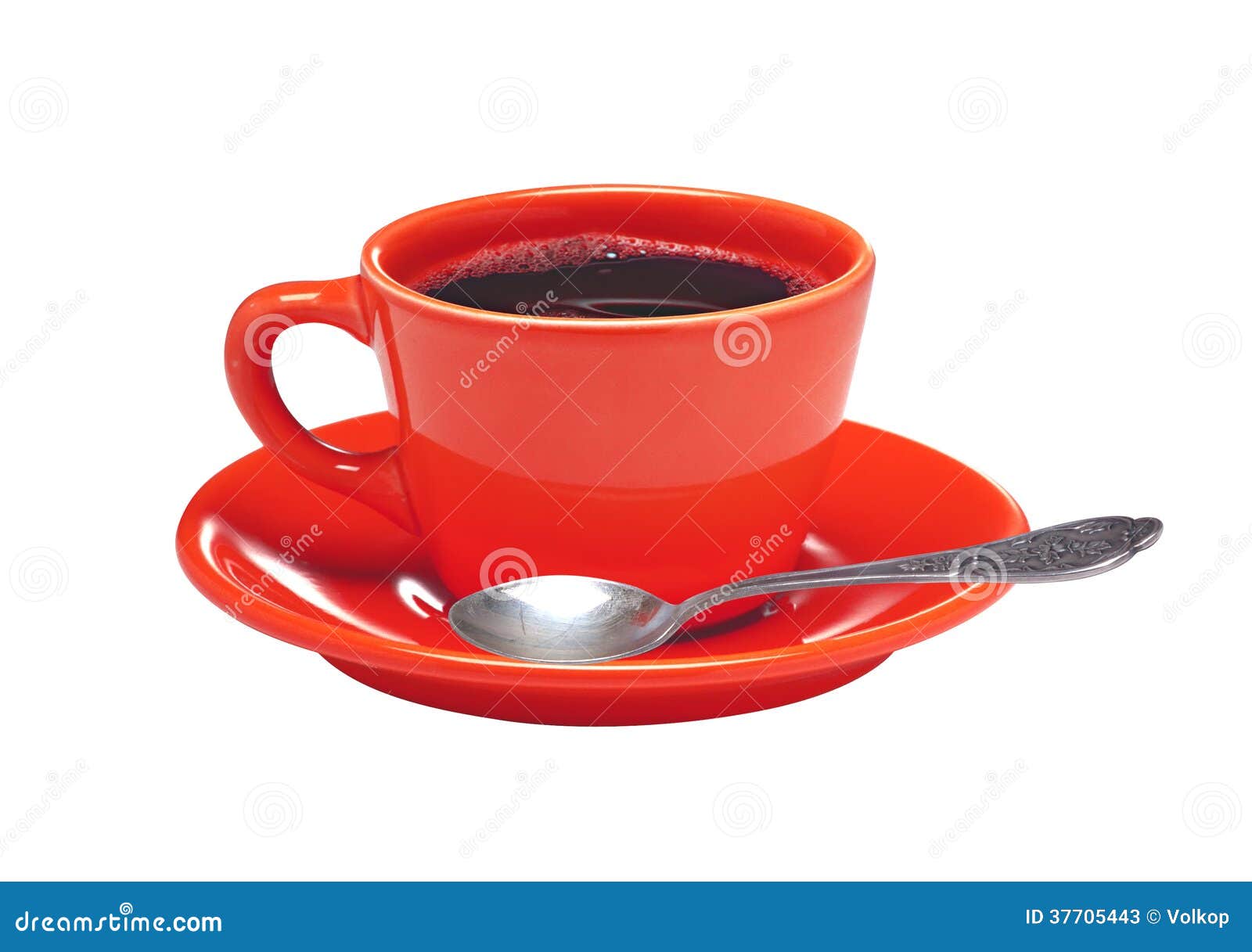 Red Cup Of Coffee On Plate And Spoon Isolated On White Stock Image