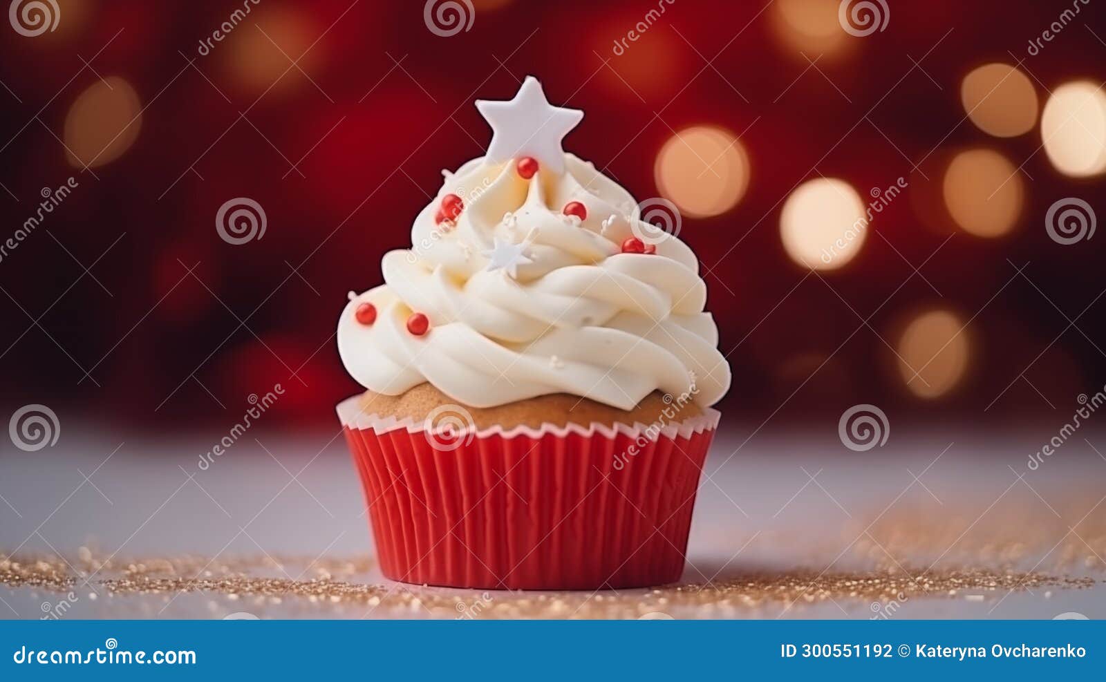 a red cupcake in front of a starry backdrop from the christmas lights