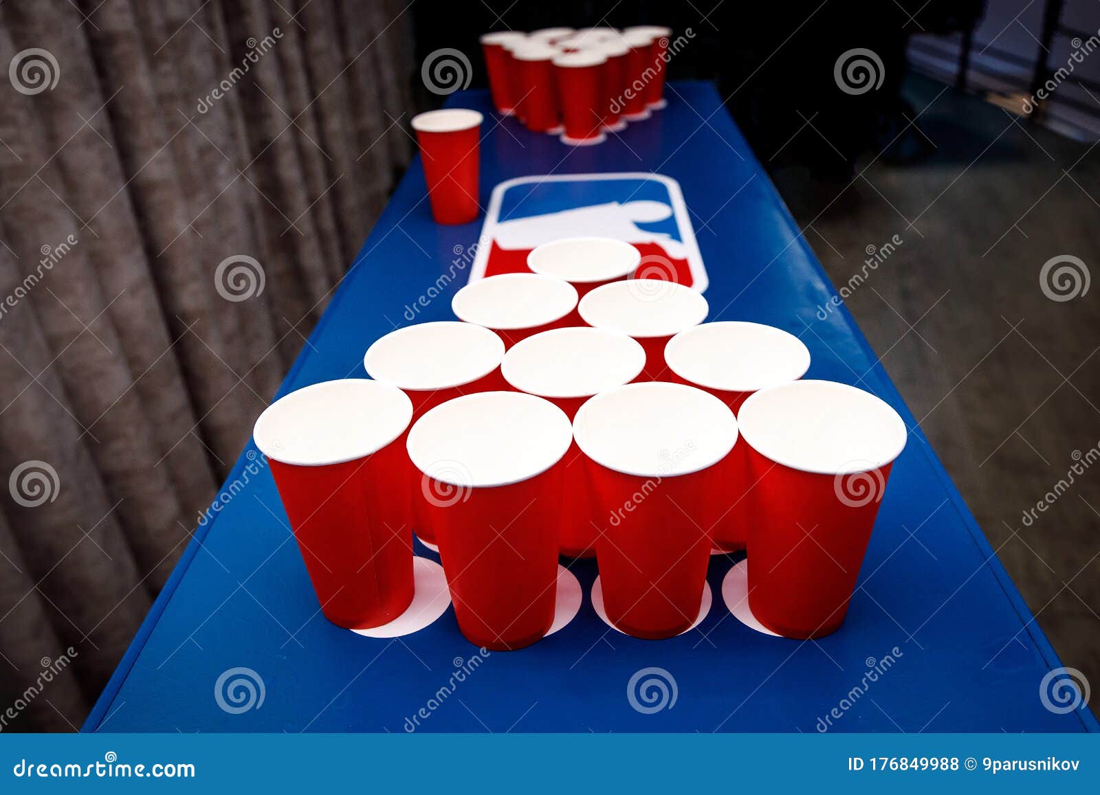 Red cups set for beer pong stock photo. Image of tournament 176849988