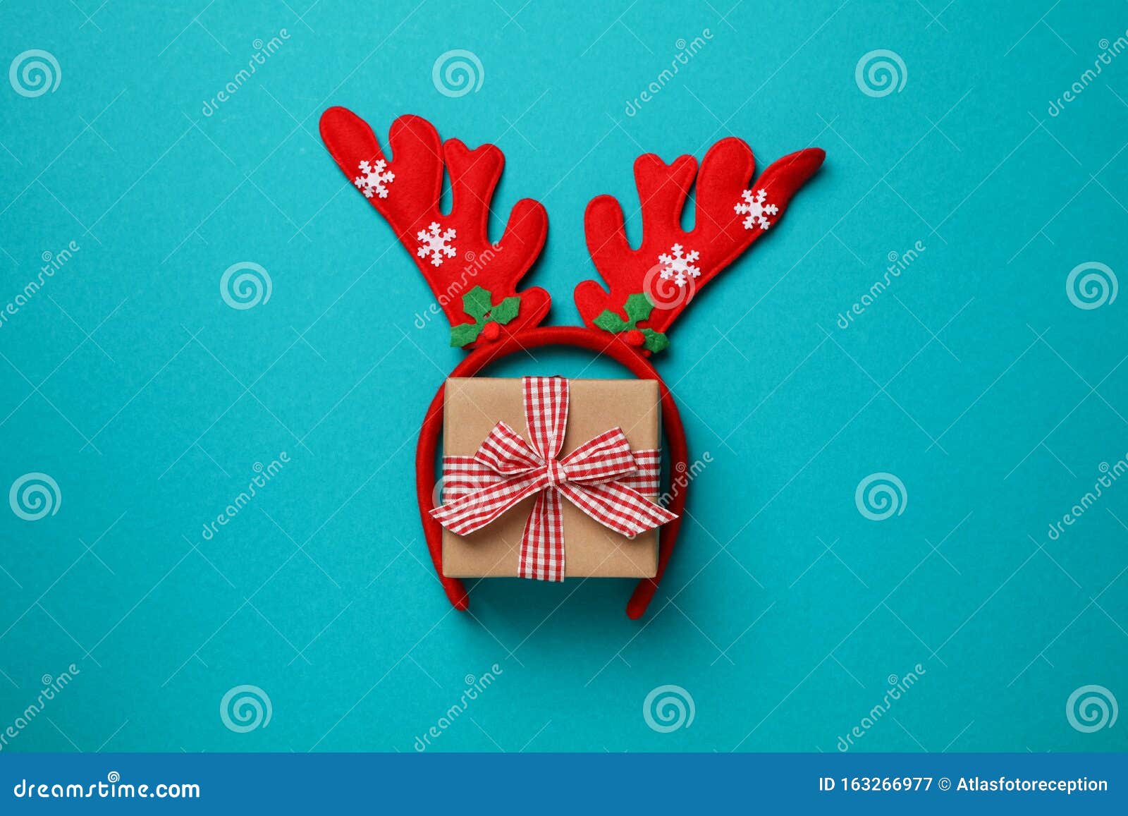 Red Deer Horns and Gift Box on Turquoise Background Stock Image Image