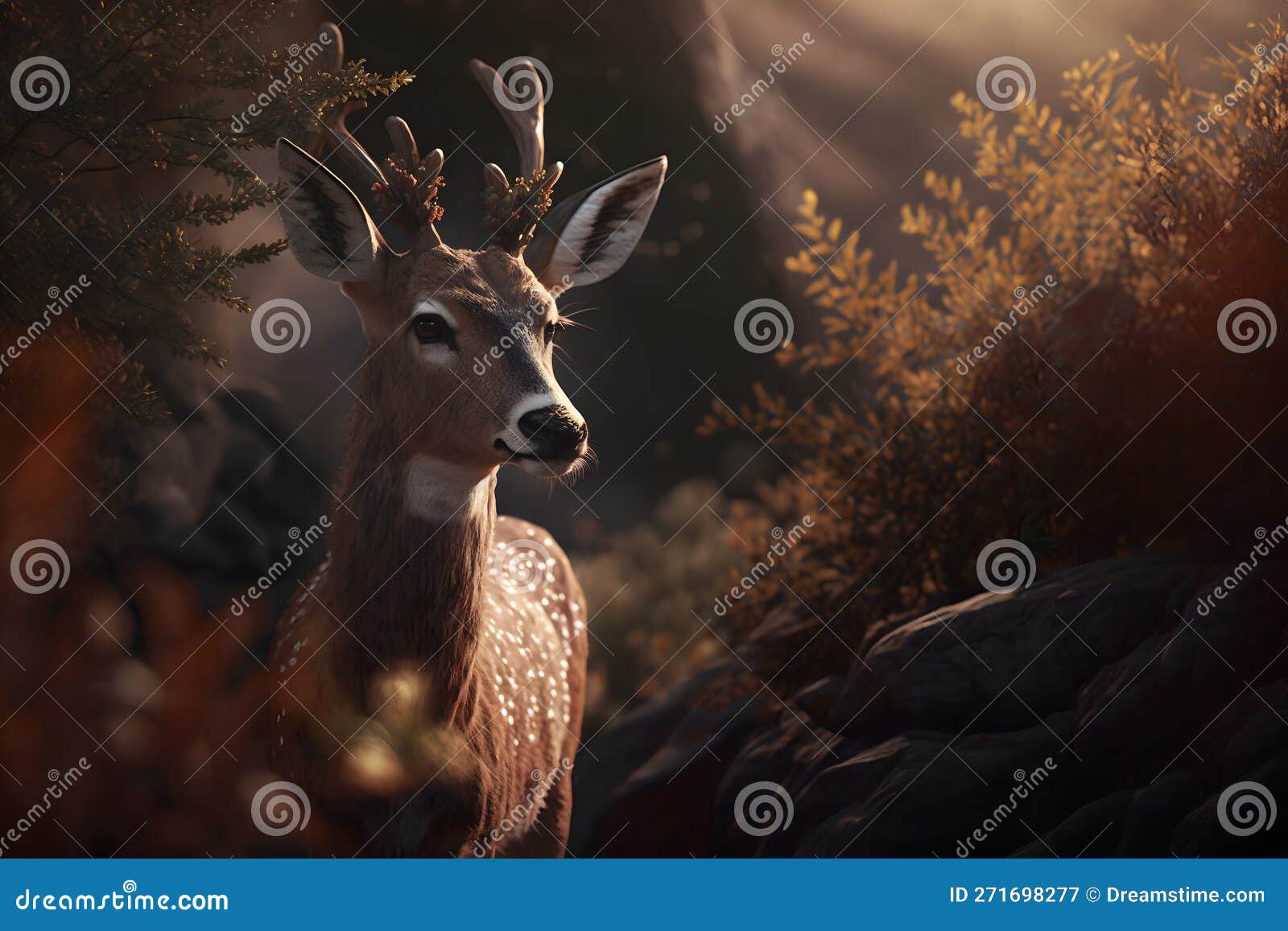 red deer stag between ferns in autumn forest. neural network ai generated
