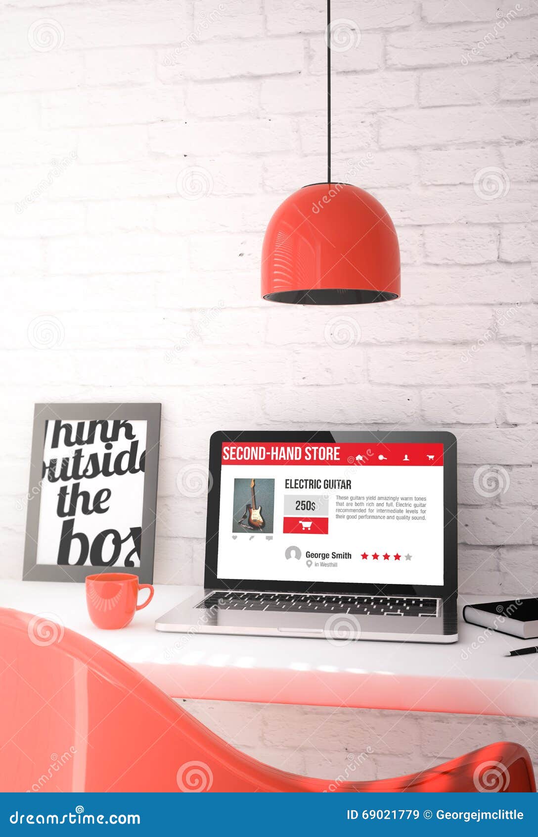 red desktop with laptop showing secondhand store web
