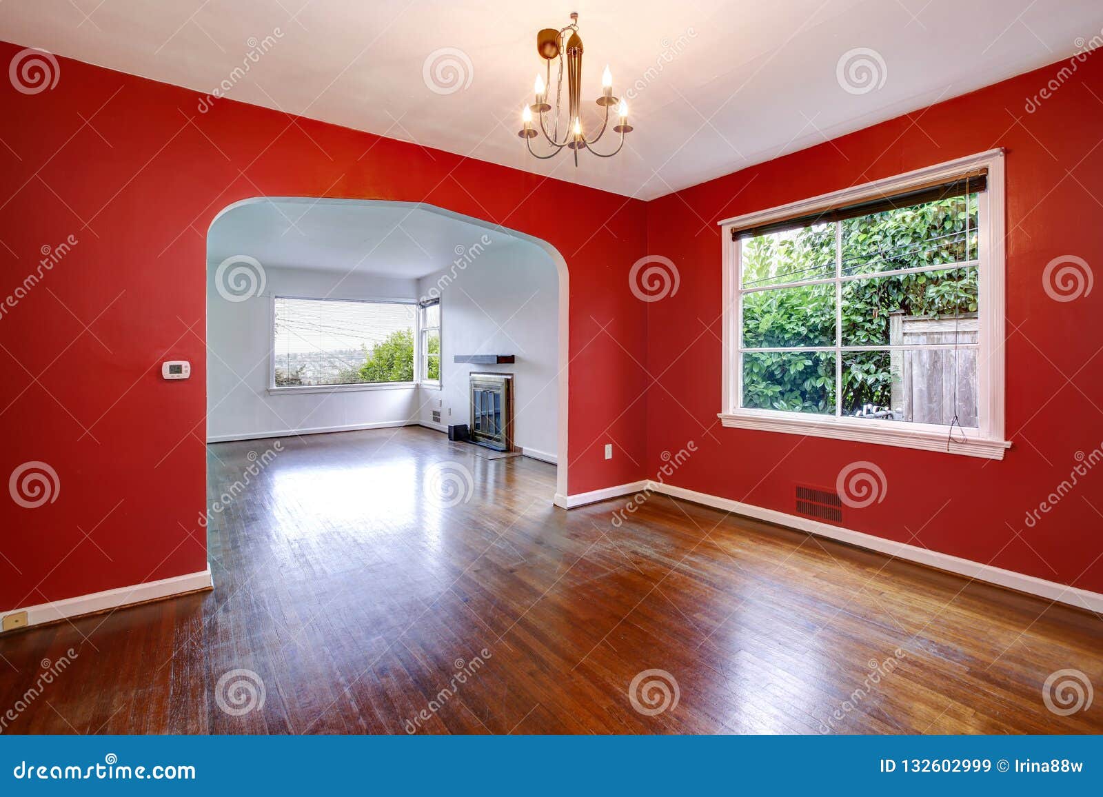 Red Dining Room Interior Of Craftsman Style House Stock