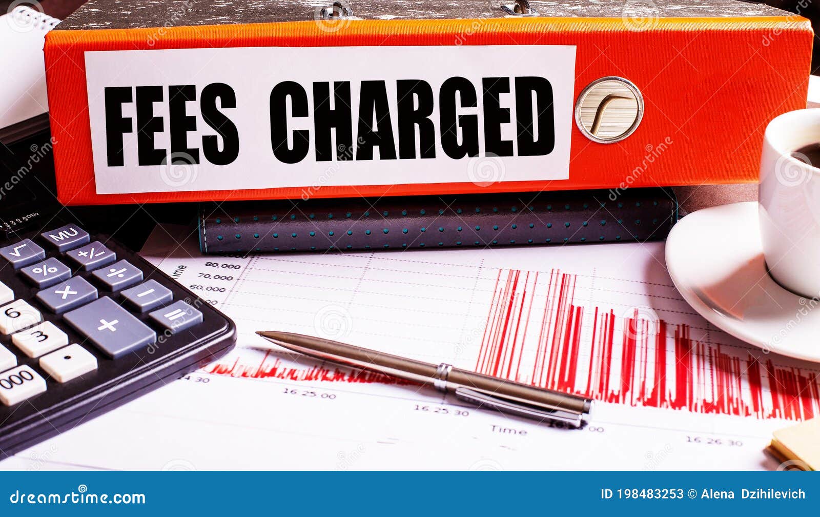 the red document folder says fees charged next to the coffee, calculator and pen