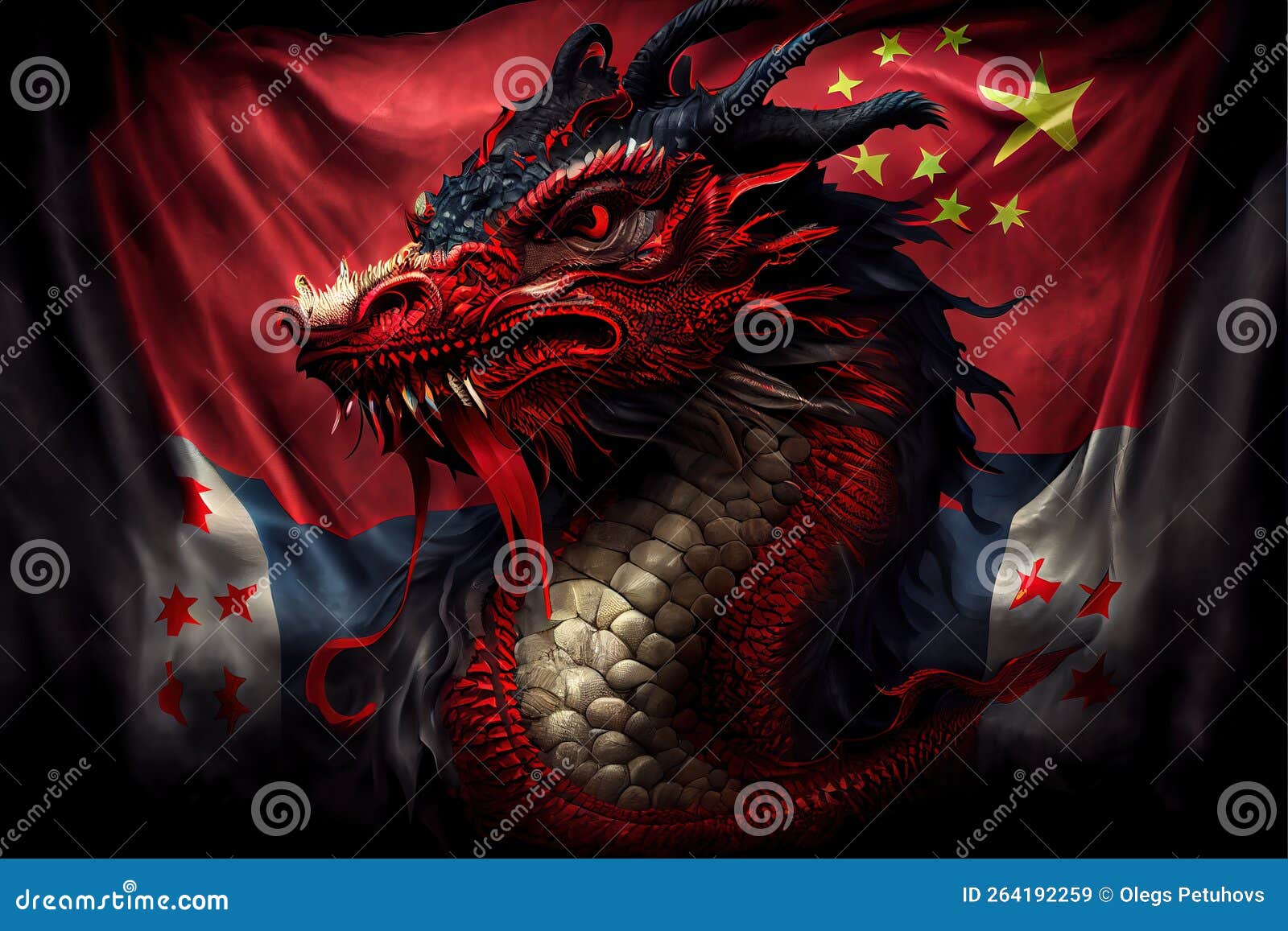 A Red Dragon with a Black Head and a Red Flag Behind it is a Black