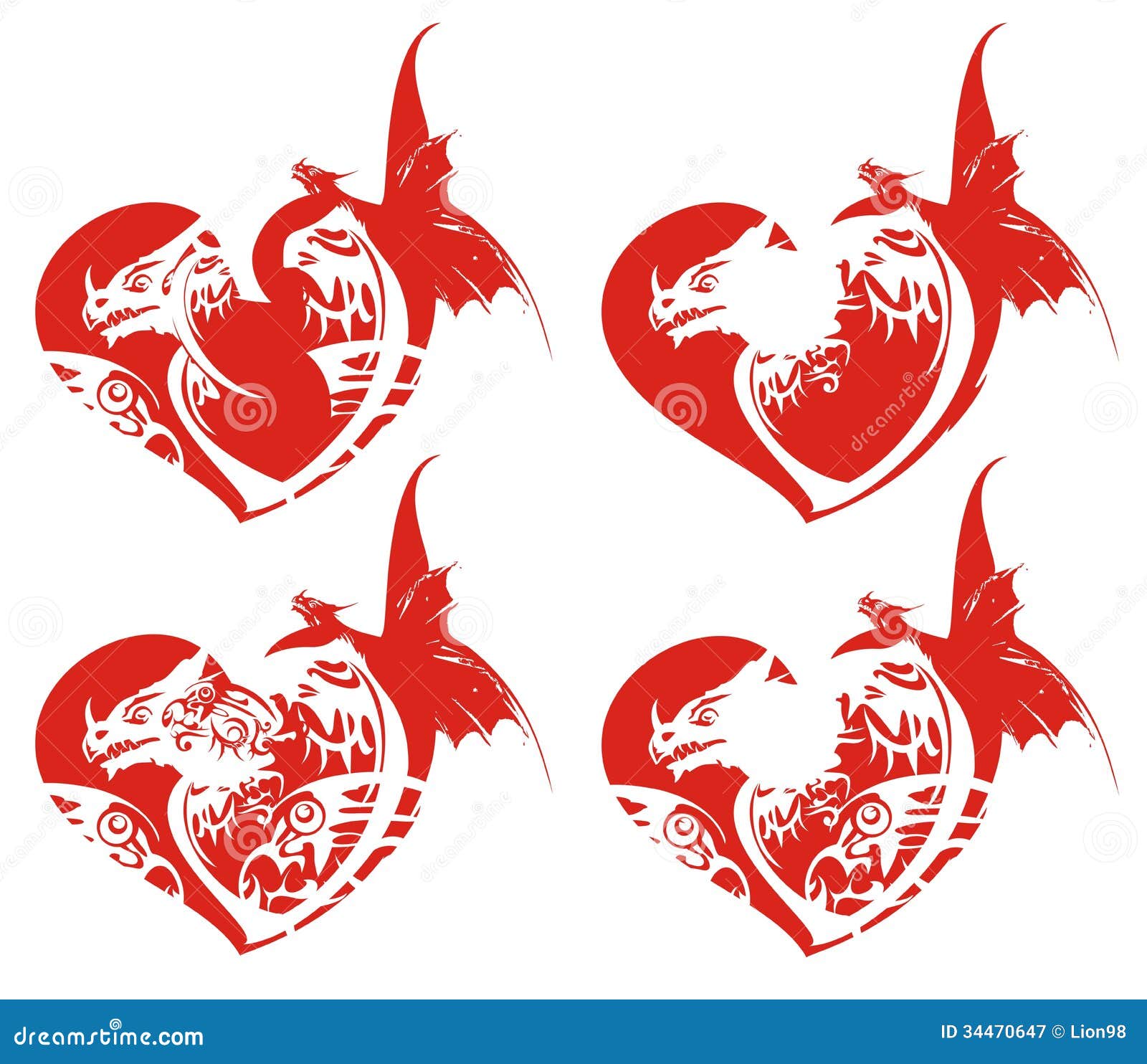 Four retro red dragon hearts - a success symbol ready for a tattoo 