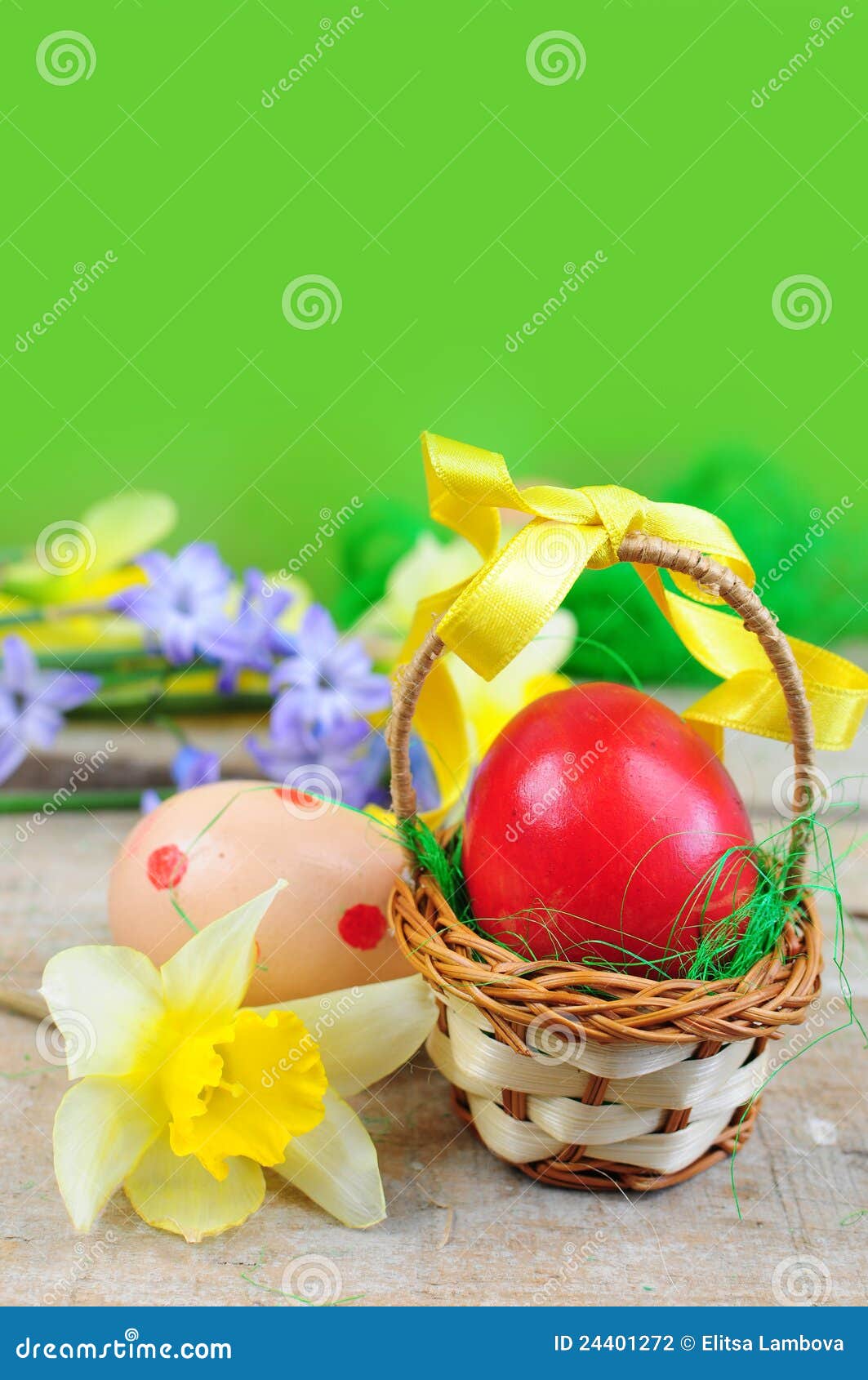 Red easter egg in basket stock photo. Image of nest, colorful 24401272