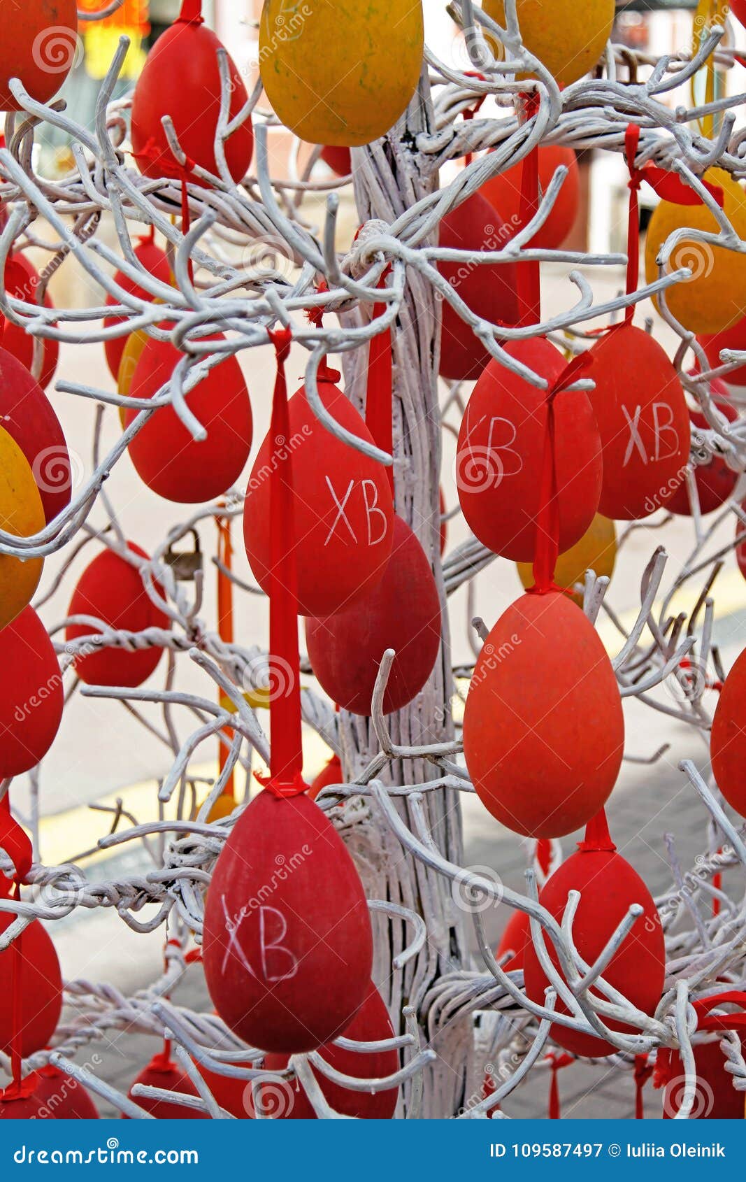 Red Easter Eggs Hanging on Metal Tree Stock Image Image of metal