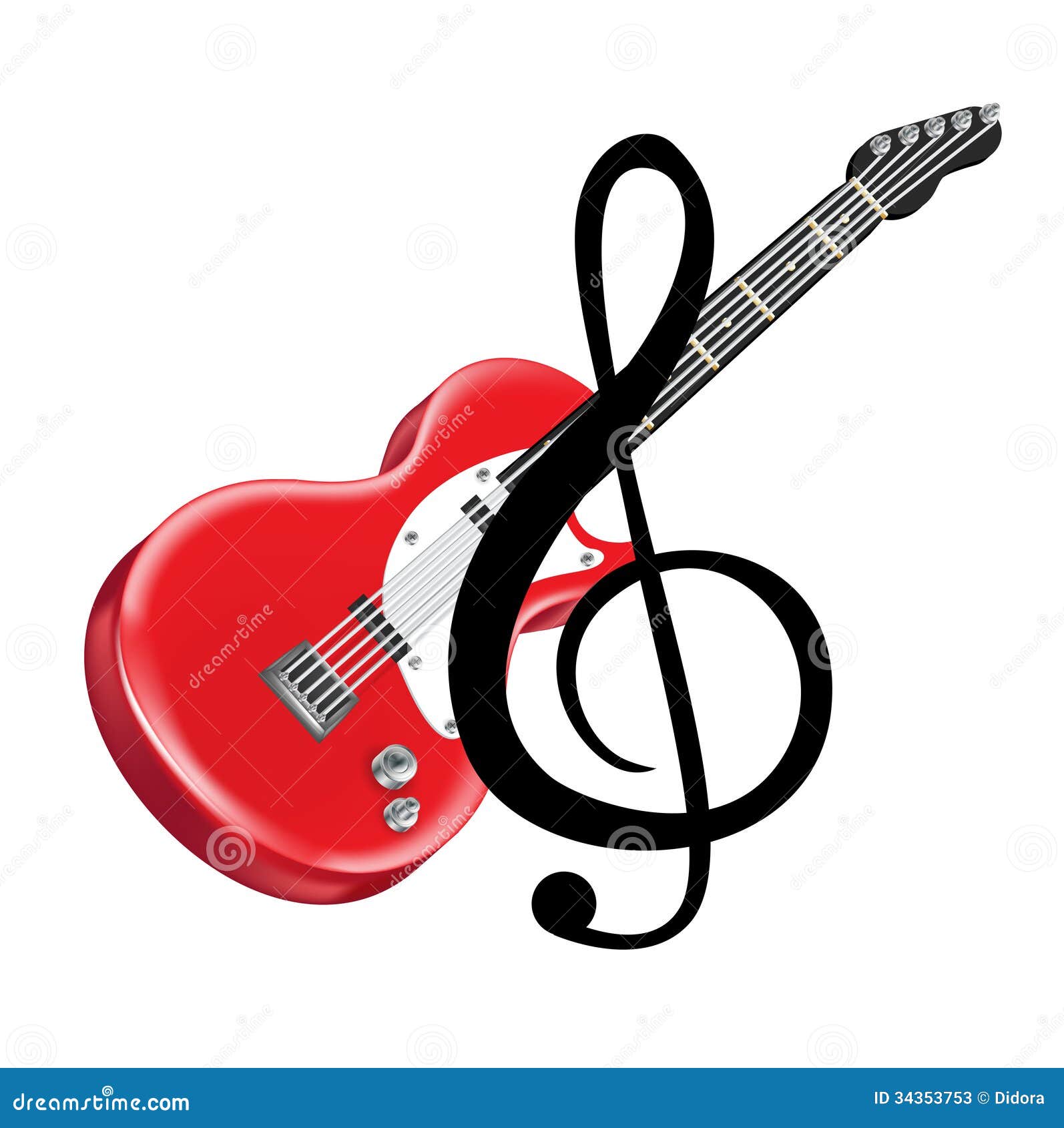 Red Electric Guitar and Key Note Isolated Stock Vector Illustration
