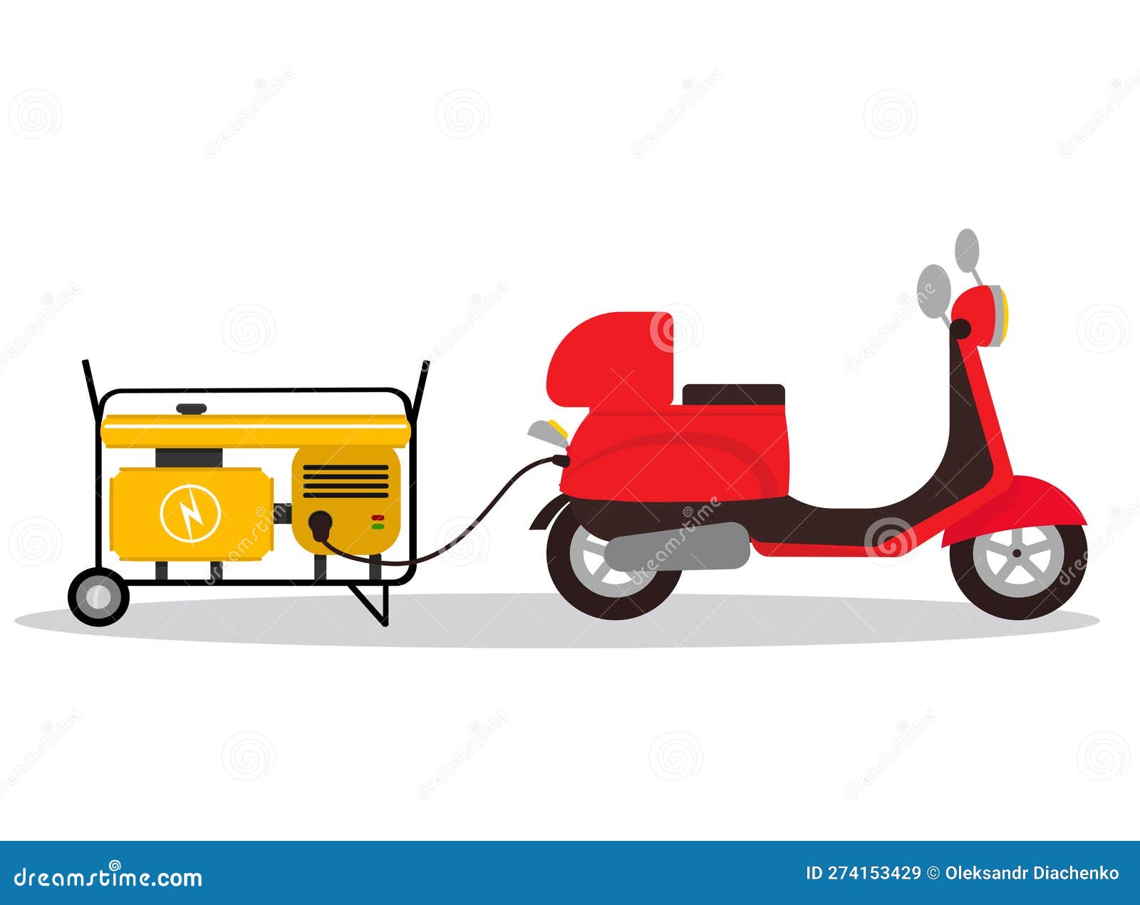 A Red Electric Scooter is Charged from a Diesel Generator Stock