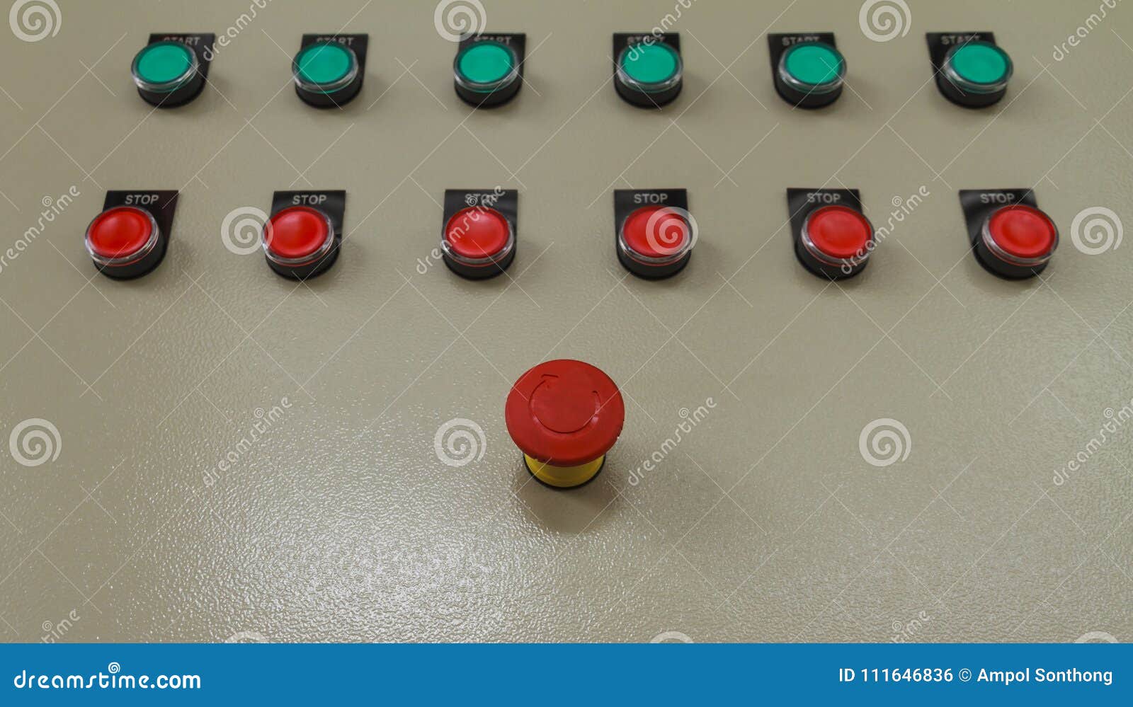 red emergency and stop switch with green start buttons.