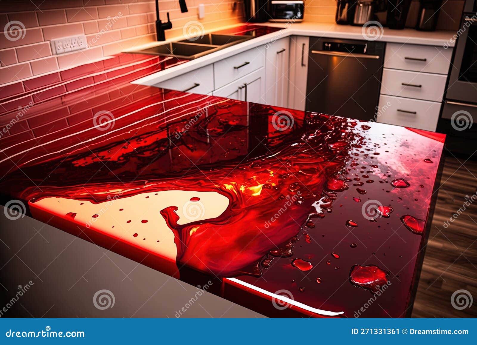 Red Epoxy Resin Kitchen Countertops. Generative AI Stock Illustration