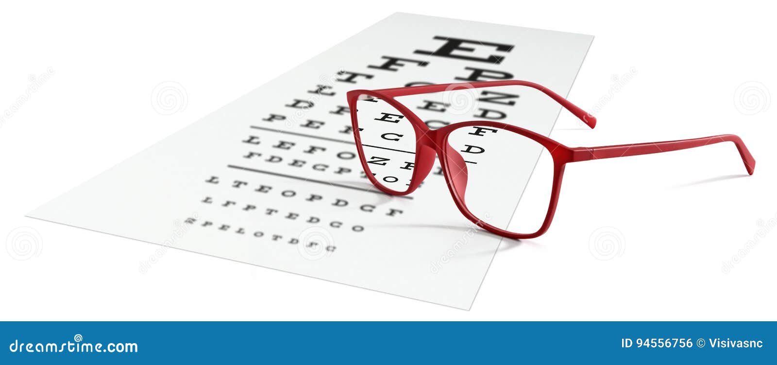 red eyeglasses on visual test chart  on white. eyesight