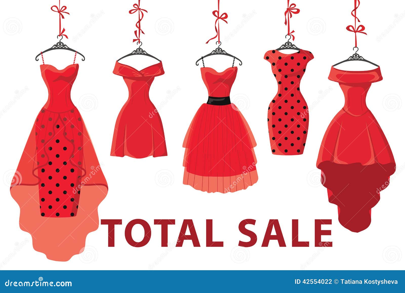 Red Fashion Women&#39;s Dresses Hang On Ribbon.Big Sale Stock Vector - Image: 42554022