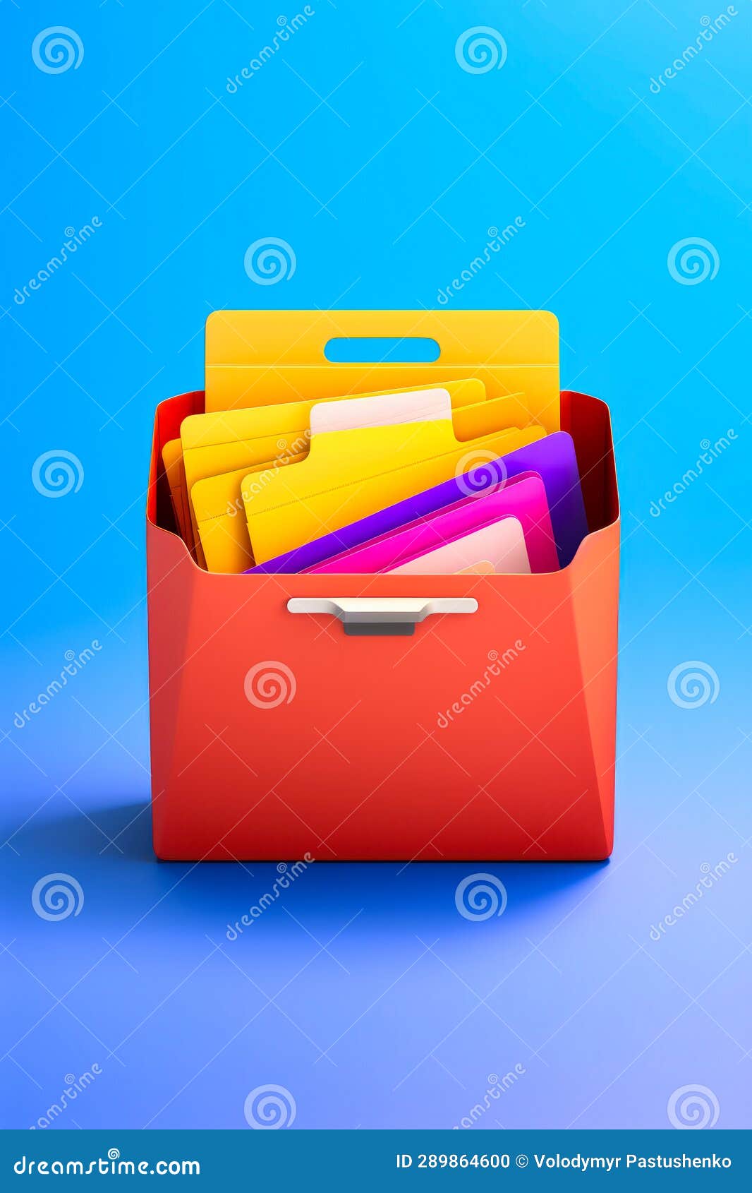 Red File Box Filled with Files and Folders on Blue Background