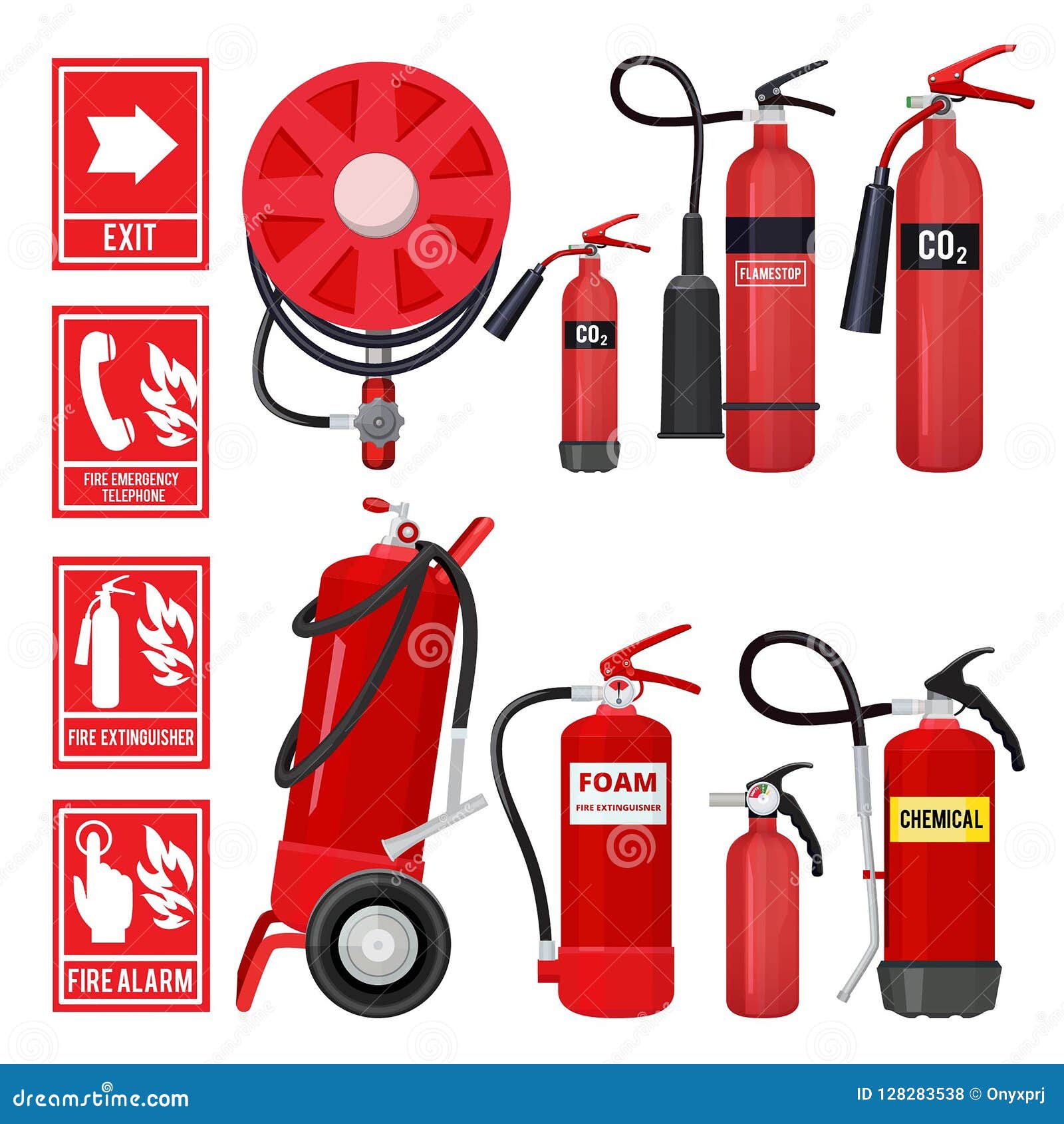 Red fire extinguisher and burning Royalty Free Vector Image