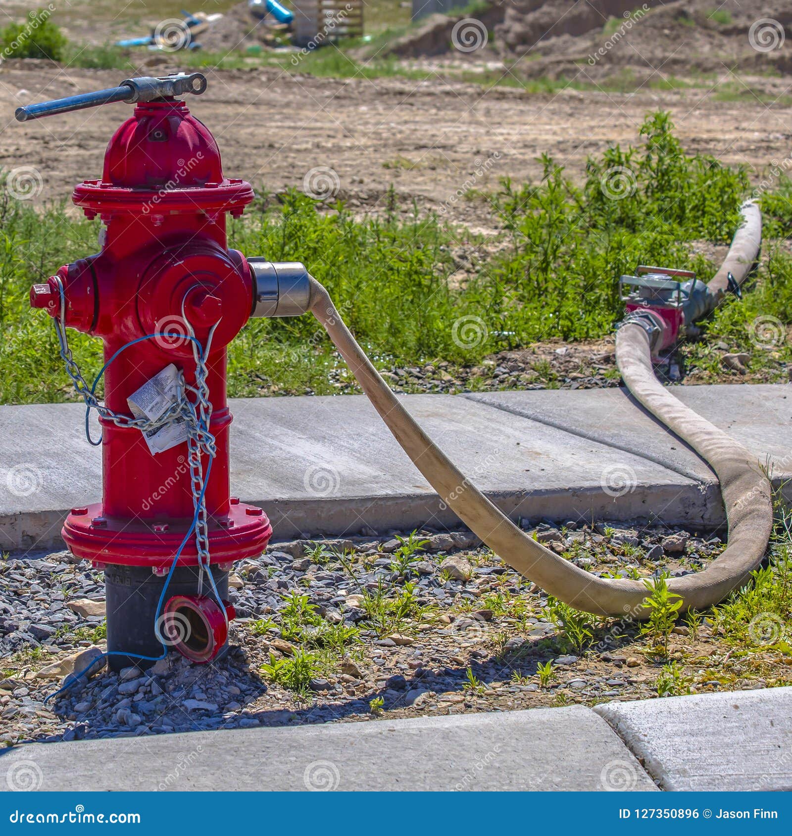 Red Fire Hydrant with Hose Connected To Outlet Stock Photo - Image of pipe,  brigade: 127350896