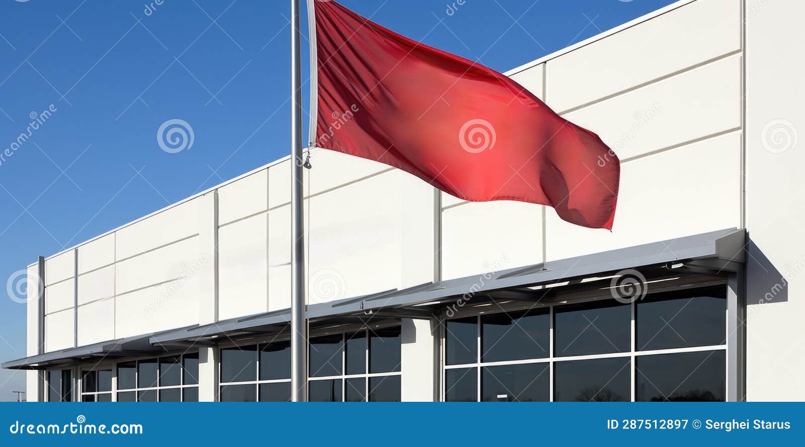 A Red Flag Flying in Front of a Building. Generative AI Image. Stock