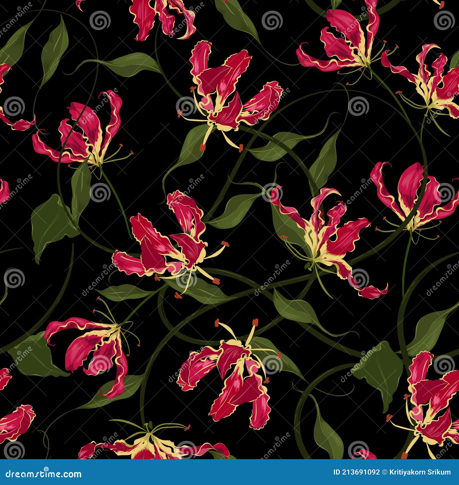 red flame lily flowr botanical seamless  pattern with leaves ,blooming floral , for fashion , fabric, textile,